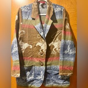 Southwestern Horse Pattern Button Front Cardigan Jacket - Brown Blue Green